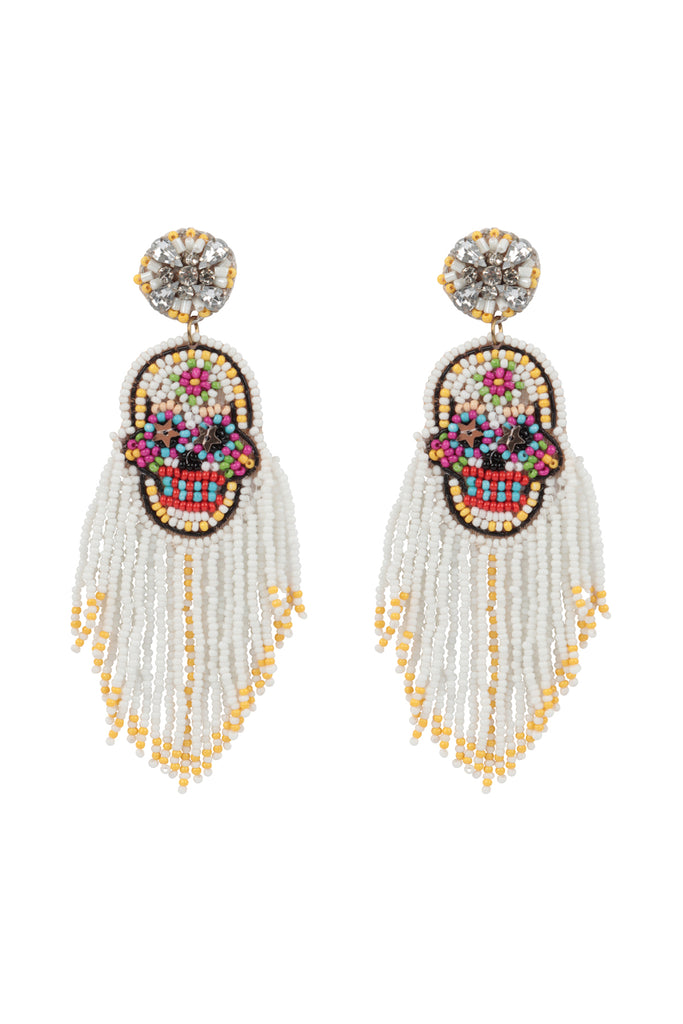 HALLOWEEN SKULL SEED BEADS FRINGE POST EARRINGS-