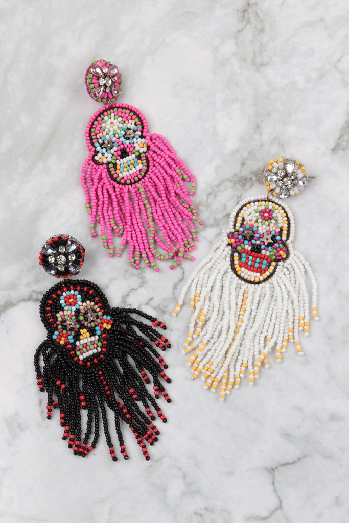 HALLOWEEN SKULL SEED BEADS FRINGE POST EARRINGS-