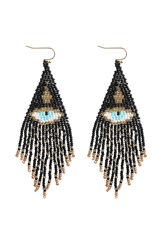 EVIL EYE SEED BEAD FRINGE HOOK EARRINGS