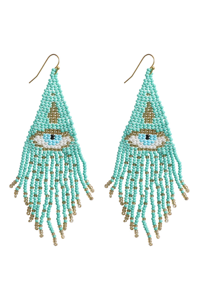 EVIL EYE SEED BEAD FRINGE HOOK EARRINGS