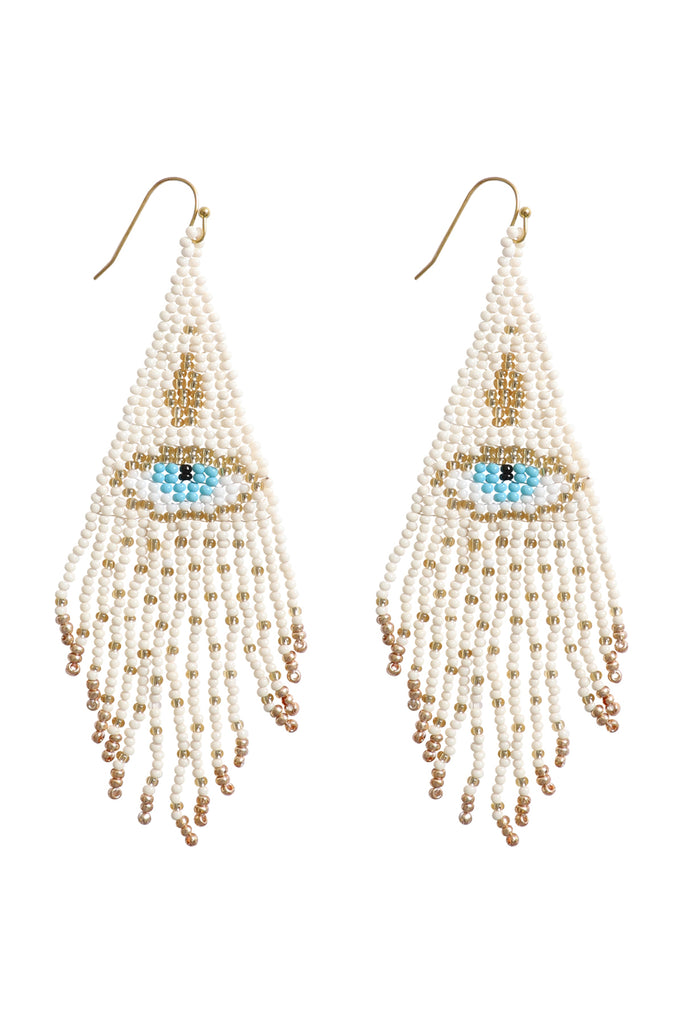 EVIL EYE SEED BEAD FRINGE HOOK EARRINGS