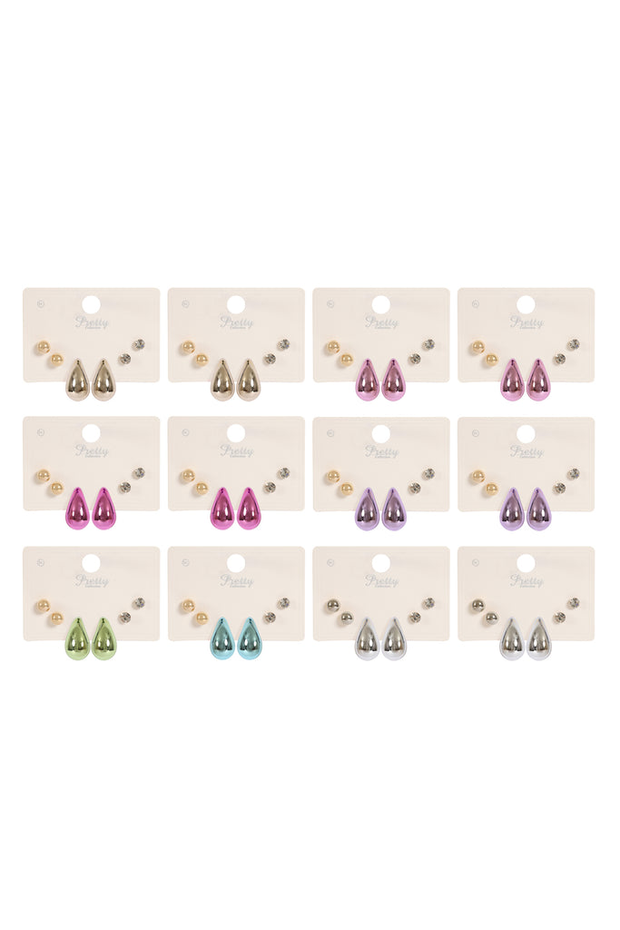 3PAIR CCB PEARL RHINESTONE ASSORTED COLOR EARRINGS
