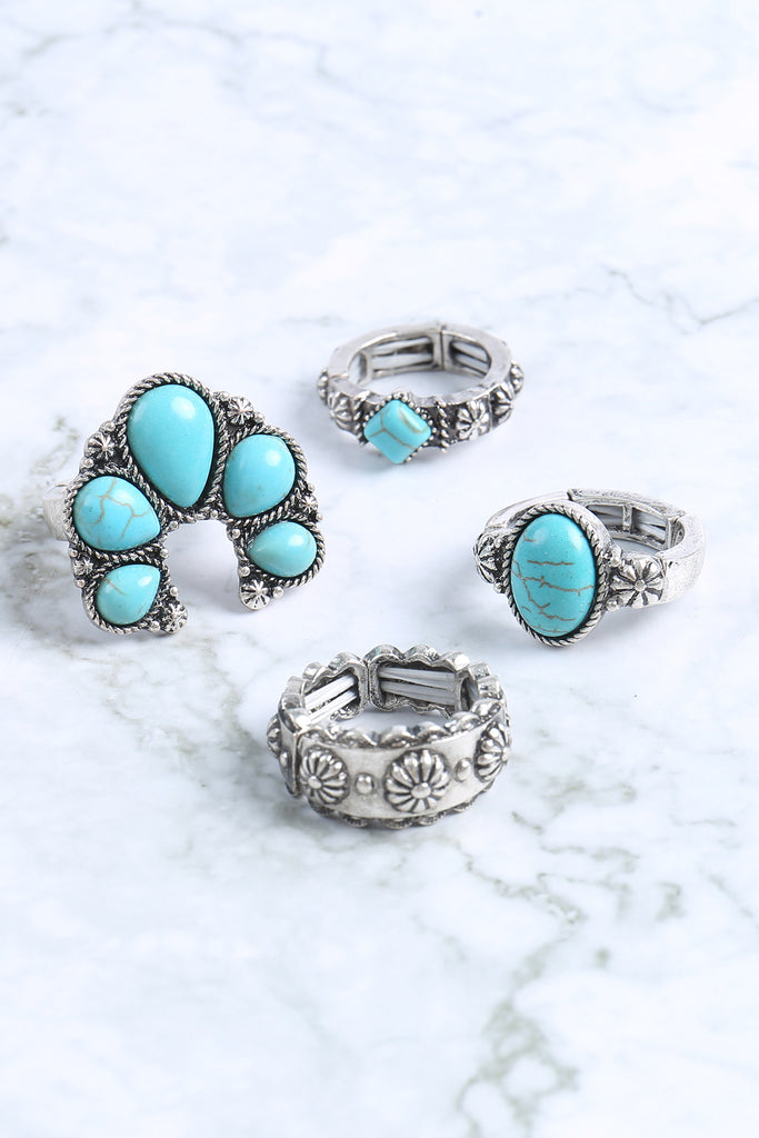 WESTERN CONCHO SEMI STONE FLOWER TEXTURED RING SET