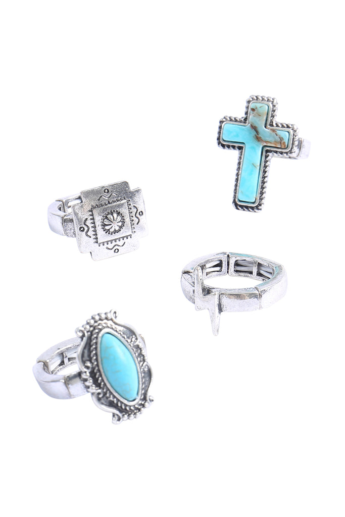 WESTERN CONCHO SEMI STONE CROSS TEXTURED RING SET