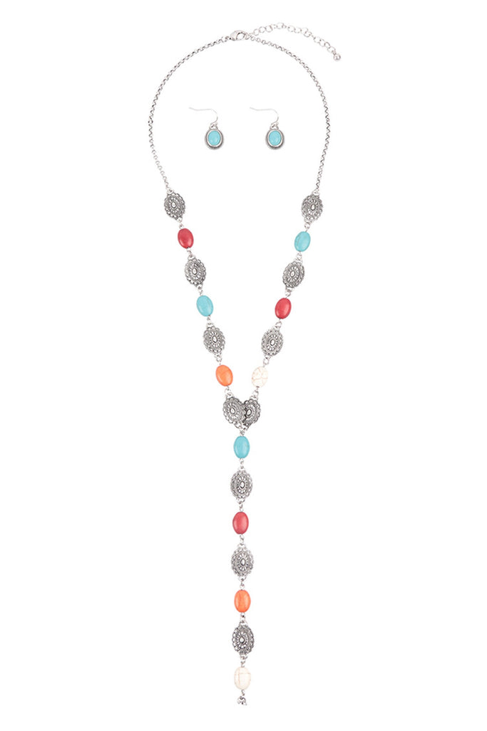 WESTERN CONCHO SEMI STONE LARIAT Y NECKLACE AND EARRING SET