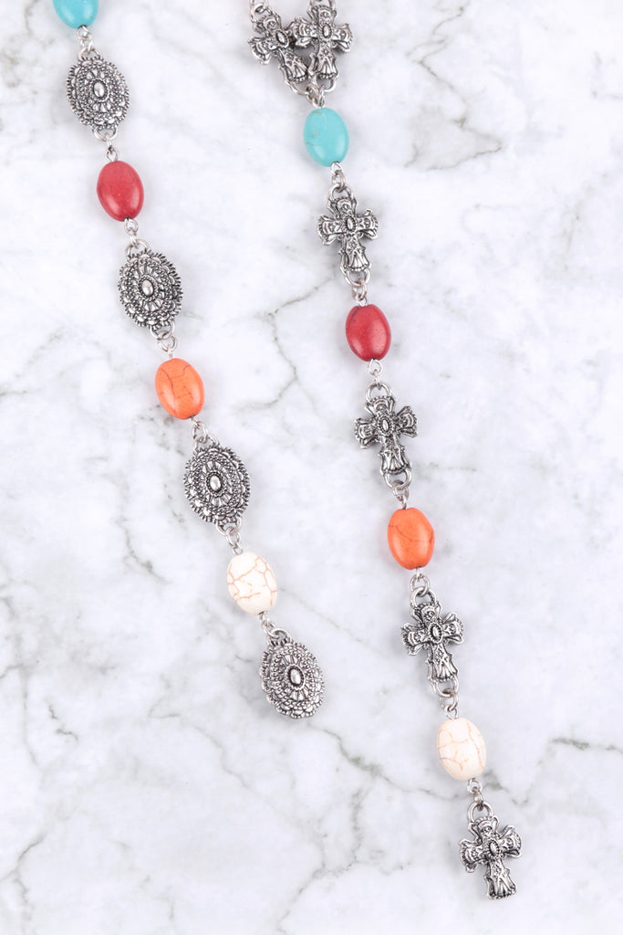 WESTERN CONCHO CROSS SEMI STONE LARIAT Y NECKLACE AND EARRING SET