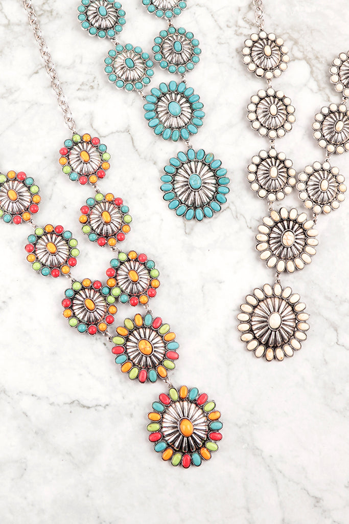 WESTERN CONCHO HAND CRAFT STONE NECKLACE AND EARRING SET