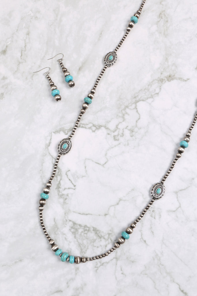 OVAL STATIONARY WESTERN CONCH0 NATURAL STONE NECKLACE AND EARRINGS SET
