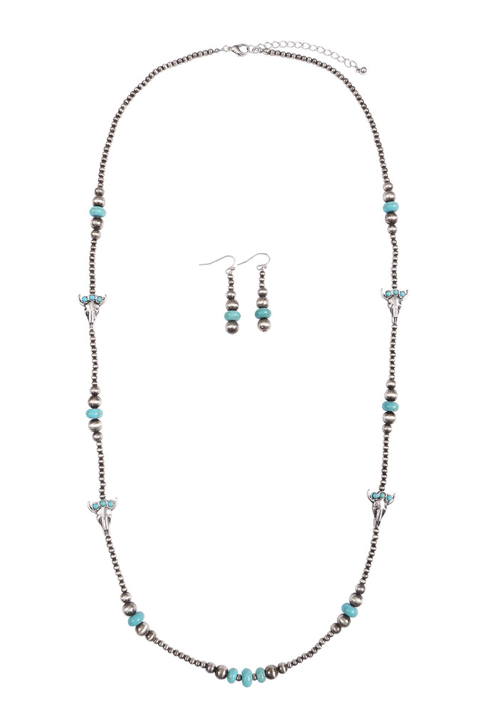 BULL HEAD STATIONARY WESTERN CONCH0 NATURAL STONE NECKLACE AND EARRINGS SET