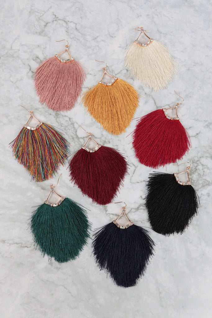 3.25" TASSEL FRINGE AND RHINESTONE HOOK EARRINGS
