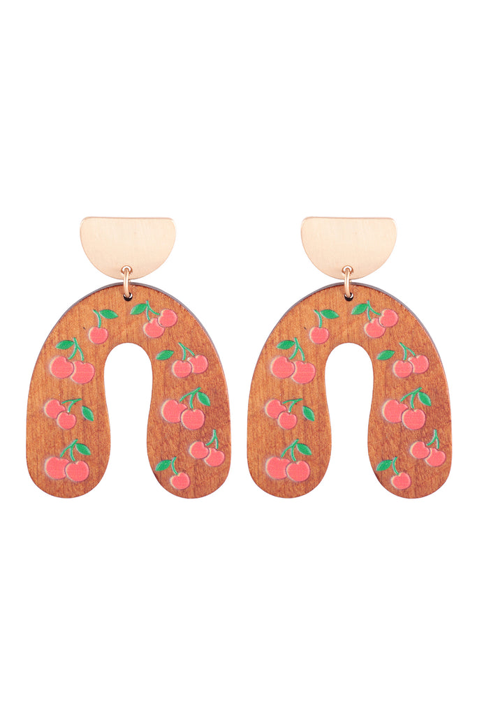 2.2" U SHAPED WOOD CHERRY PRINT POST EARRINGS