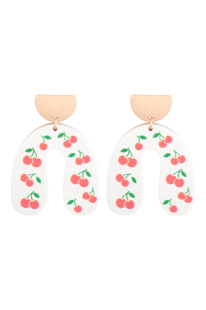 2.2" U SHAPED WOOD CHERRY PRINT POST EARRINGS