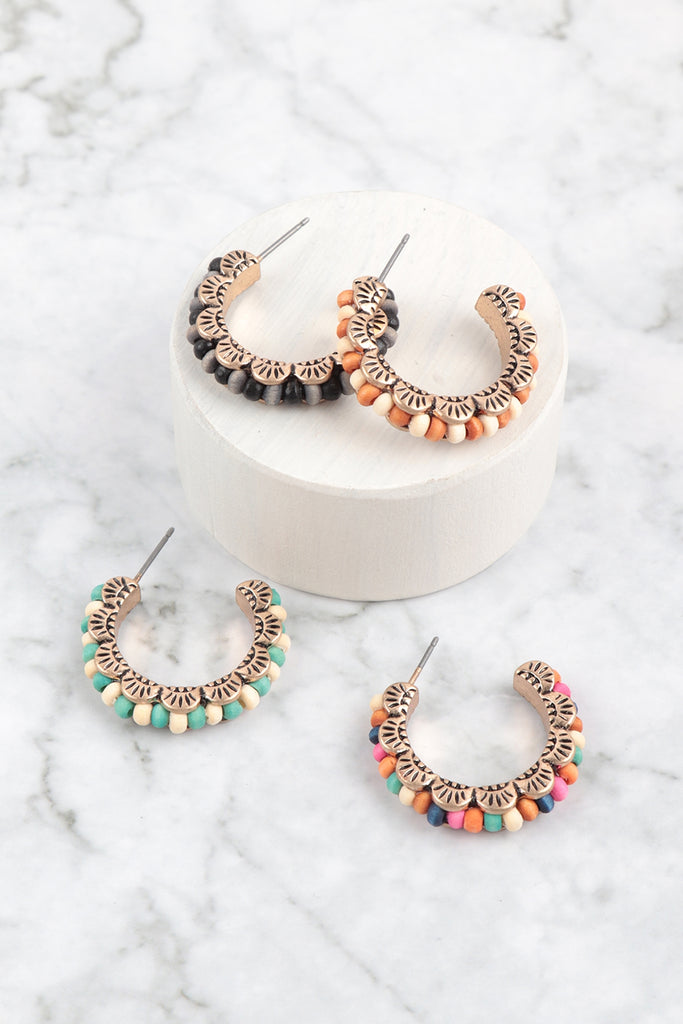 1" WOOD BEAD WESTERN CONCHO HOOP EARRINGS