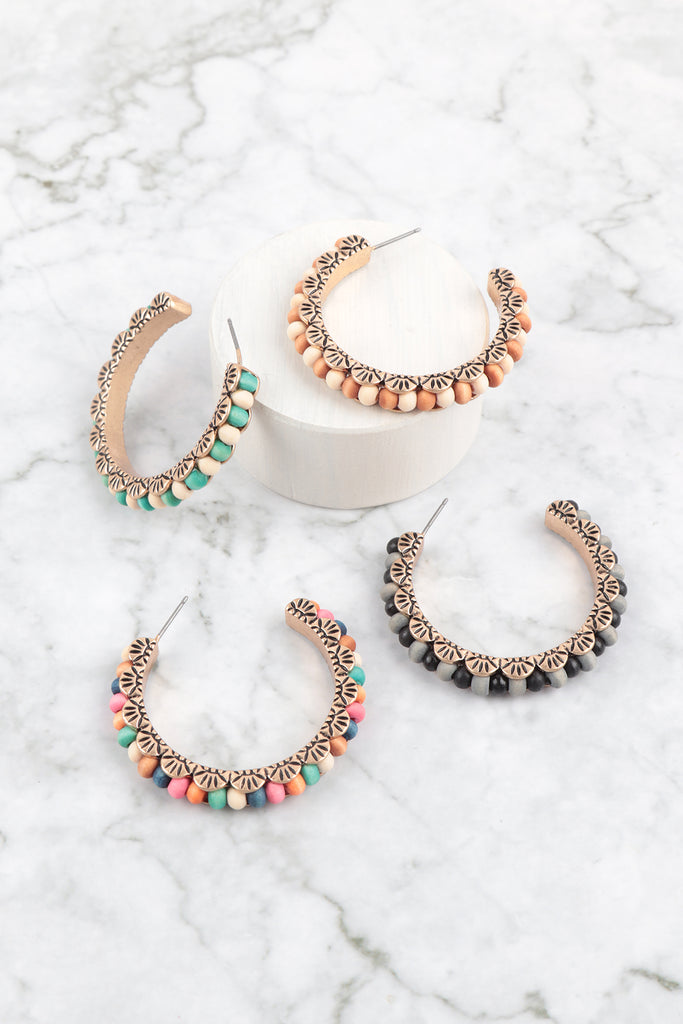 1.75" WOOD BEAD WESTERN CONCHO HOOP EARRINGS