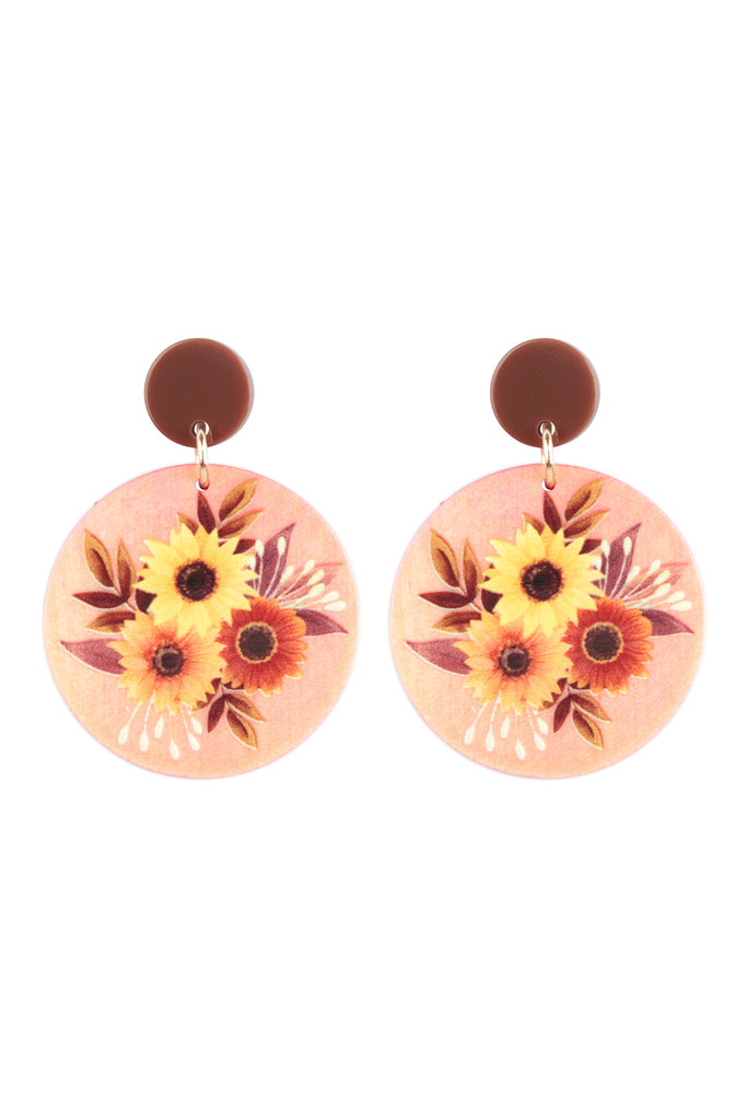 FLOWER PRINT RETRO WOOD POST DANGLE EARRINGS