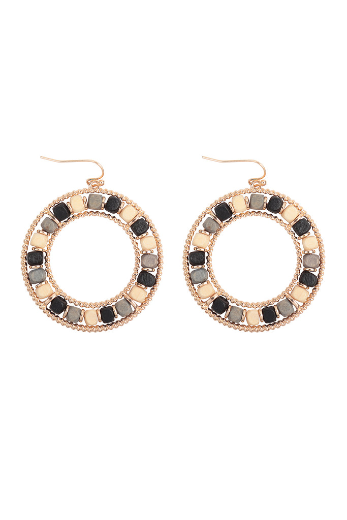 BOHO WOOD BEAD OPEN CIRCLE EARRINGS
