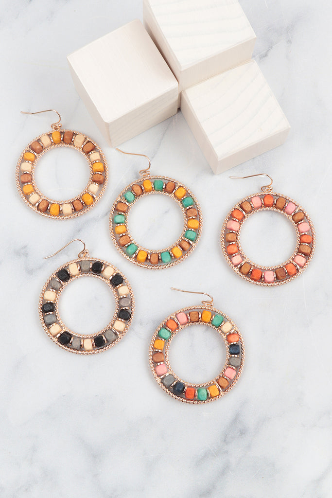 BOHO WOOD BEAD OPEN CIRCLE EARRINGS