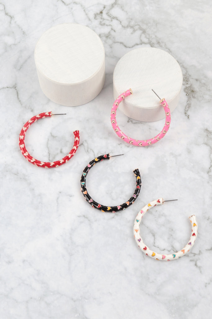 1.75" HEART PATTERN ENAMEL VALENTINE EARRINGS