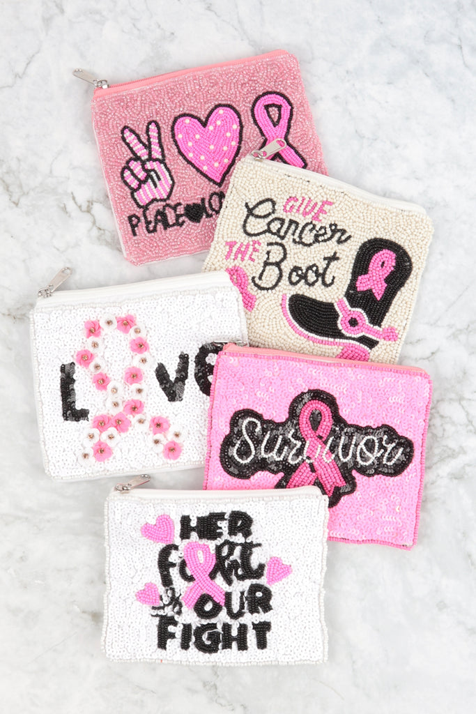 HER FOHT OUR FIGHT PINK RIBBON AWARENESS SEQUIN AND SEED BEADS COIN POUCH