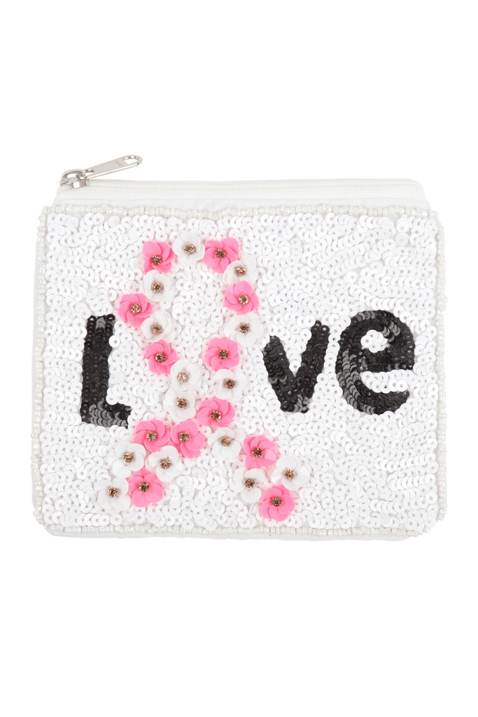 LOVE PINK RIBBON AWARENESS WITH FLOWERS SEQUIN COIN POUCH