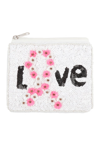 HER FOHT OUR FIGHT PINK RIBBON AWARENESS SEQUIN AND SEED BEADS COIN POUCH