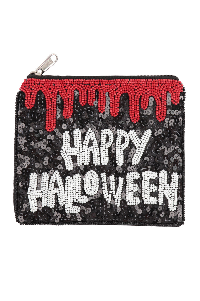 HAPPY HALLOWEEN SEQUIN AND SEED BEADS COIN POUCH