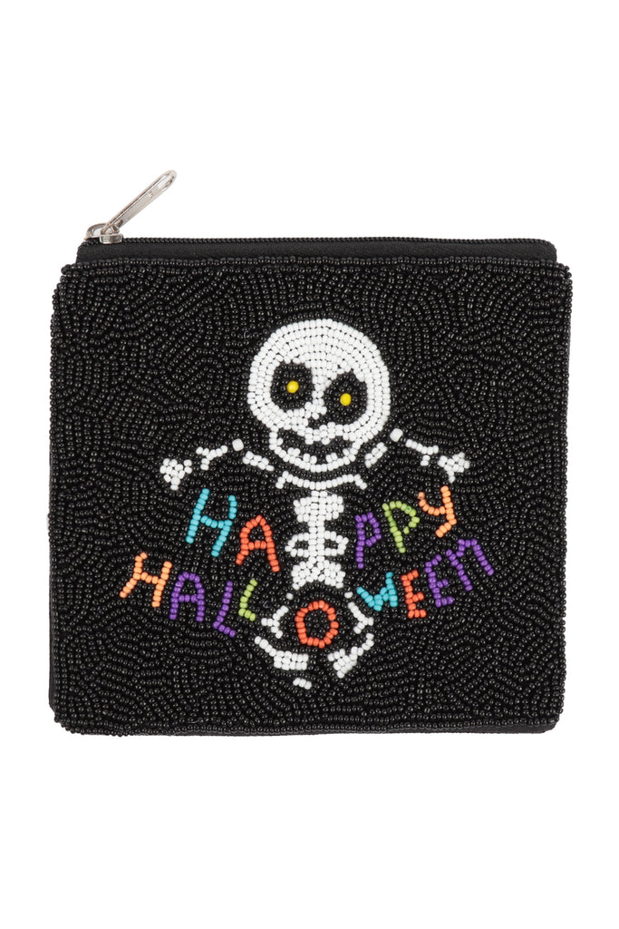HAPPY HALLOWEEN SKULL SEED BEADS COIN POUCH