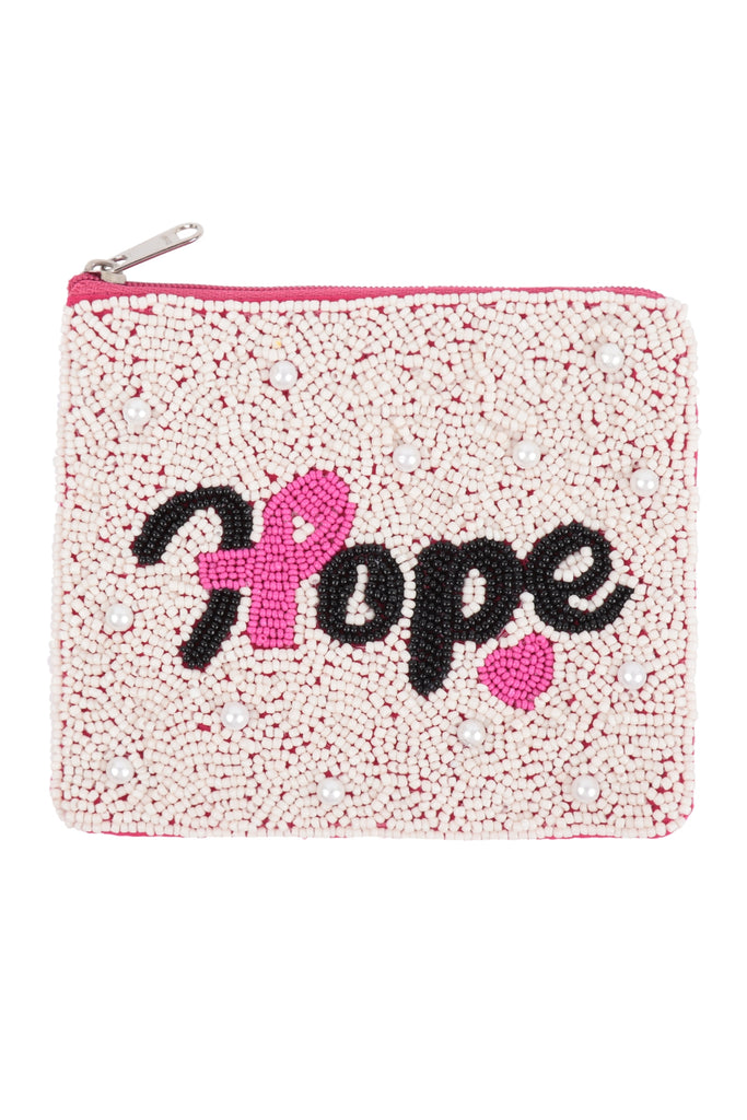 HOPE PINK RIBBON AWARENESS SEED BEADS COIN POUCH