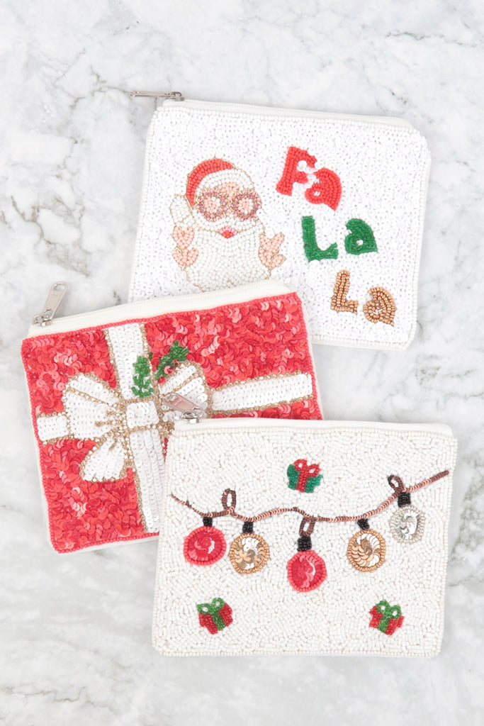 CHRISTMAS SANTA FA LA LA SEED BEADS COIN POUCH