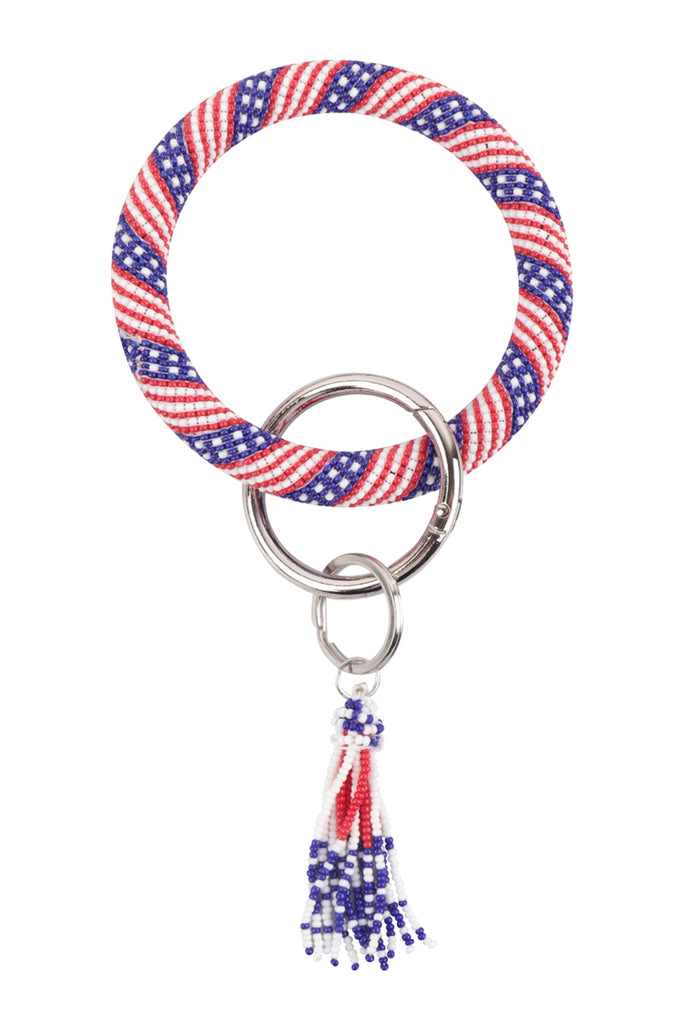 PATRIOTIC US FLAG SEED BEAD BANGLE BRACELET KEYCHAIN