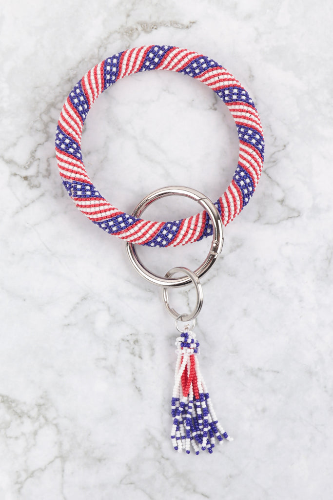 PATRIOTIC US FLAG SEED BEAD BANGLE BRACELET KEYCHAIN