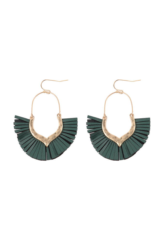 2.5 INCH FAN SHAPED PU LEATHER FRINGE FISH HOOK EARRINGS