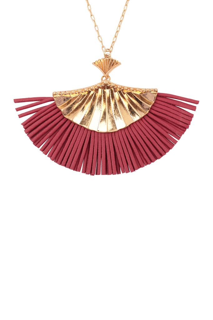 30 INCH FAN SHAPED PU LEATHER FRINGE LONG NECKLACE