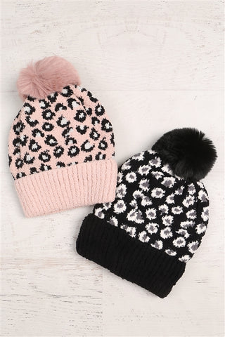 LEOPARD KNITTED POMPOM BEANIE