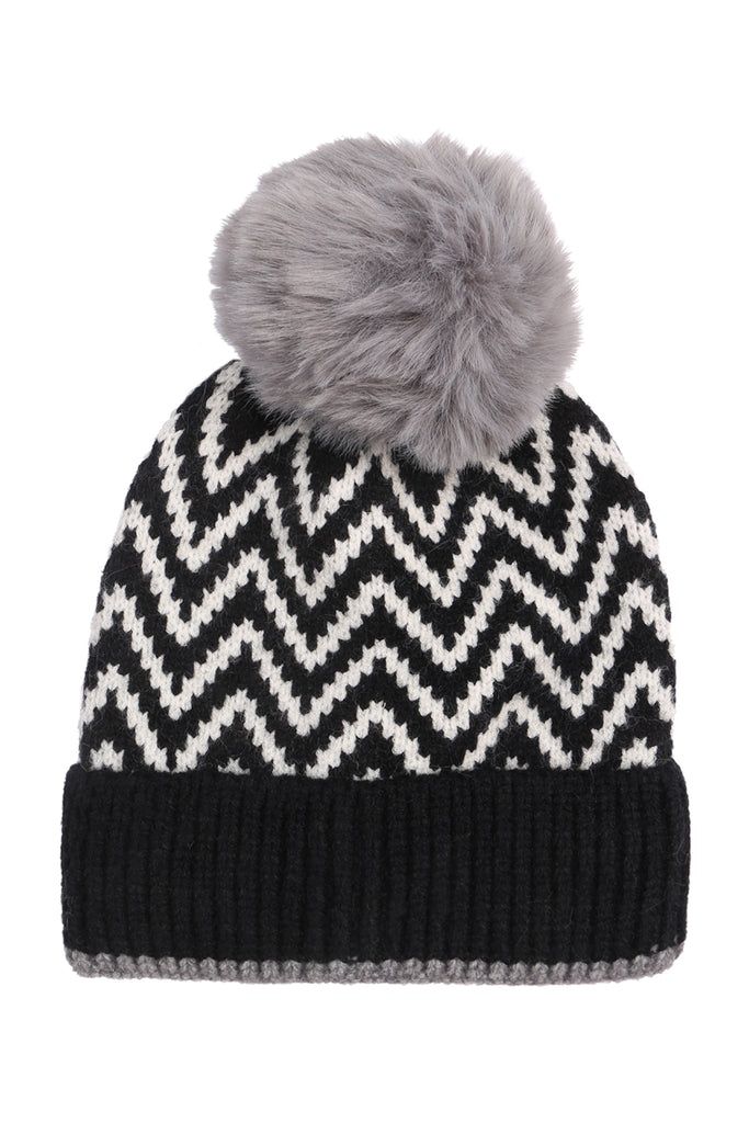 KNITTED CHEVRON PRINT POMPOM BEANIE