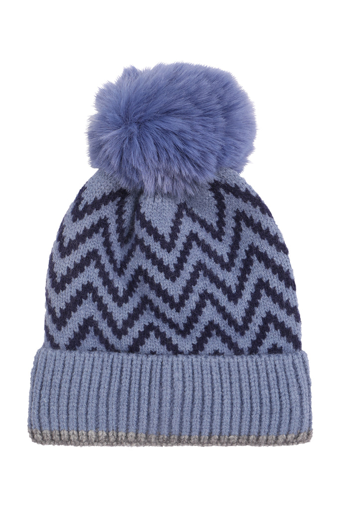 KNITTED CHEVRON PRINT POMPOM BEANIE