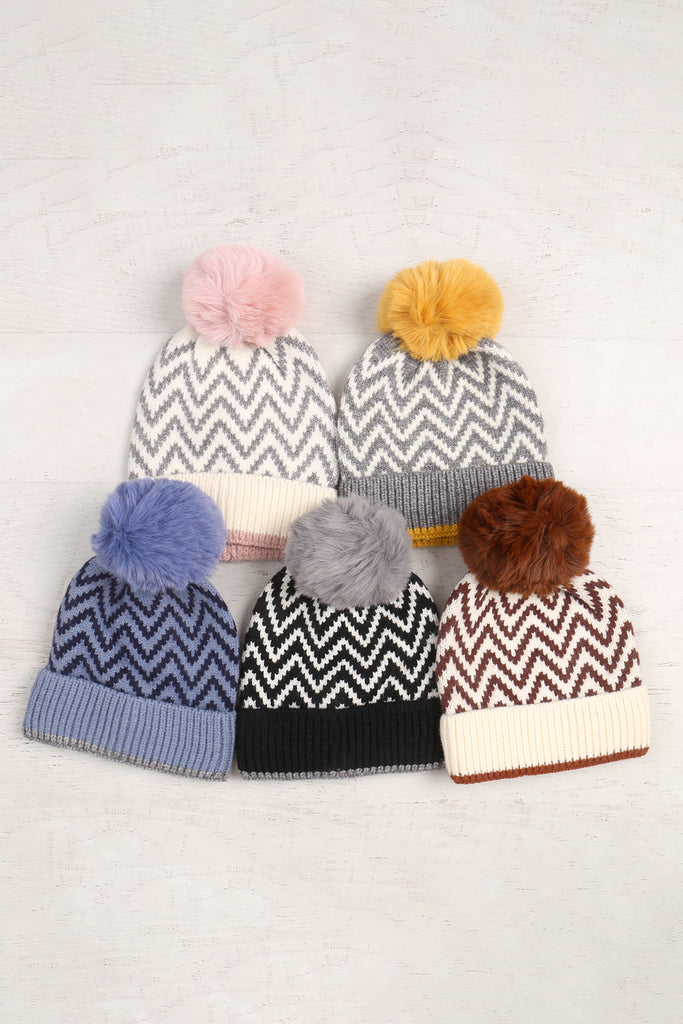 KNITTED CHEVRON PRINT POMPOM BEANIE