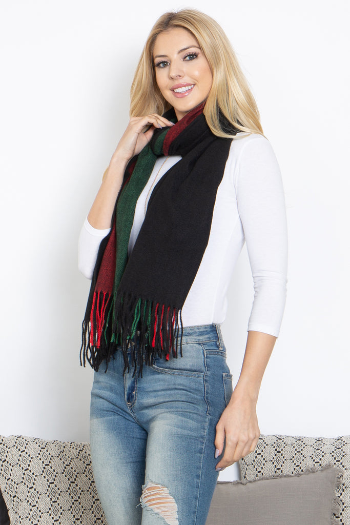 STRIPED KNIT FRINGE WARMER SCARF WRAP
