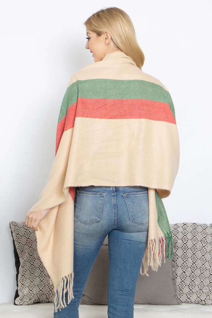 STRIPED KNIT FRINGE WARMER SCARF WRAP