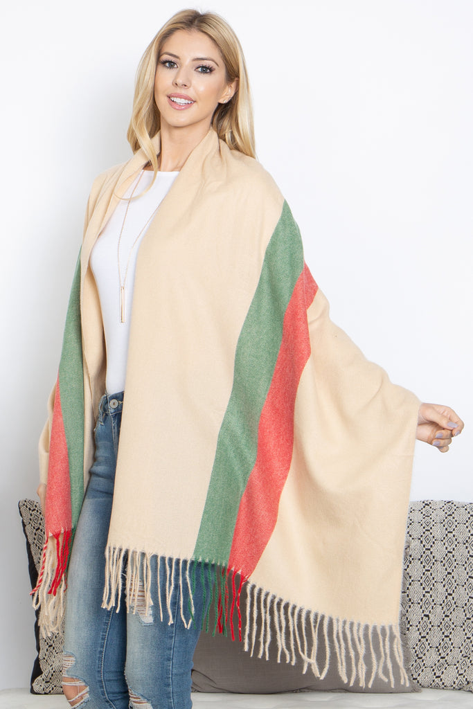 STRIPED KNIT FRINGE WARMER SCARF WRAP