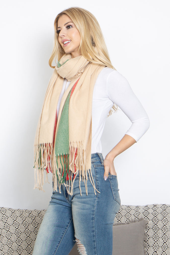 STRIPED KNIT FRINGE WARMER SCARF WRAP