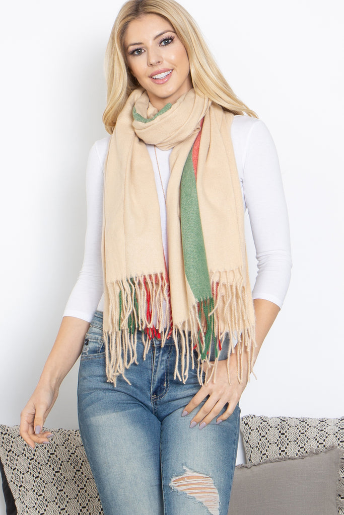 STRIPED KNIT FRINGE WARMER SCARF WRAP