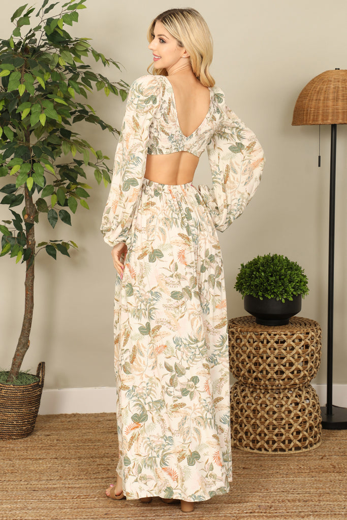 Pale Cut-out Side Puff Long Sleeve Printed Maxi Dress
