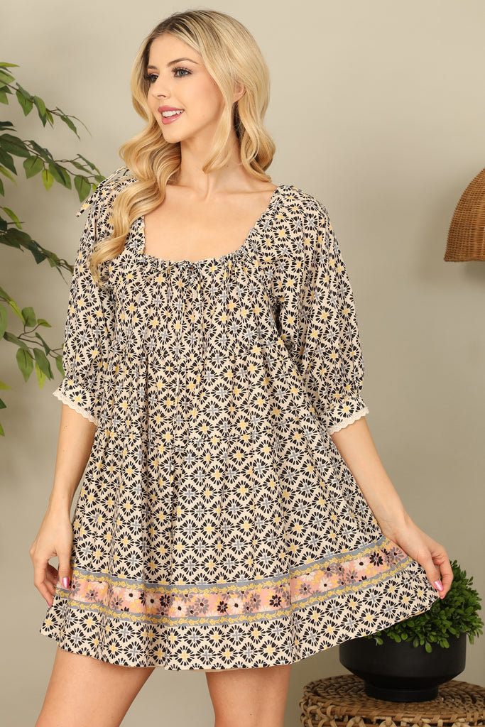 Multi Half Puff Sleeve Babydoll Mini Dress