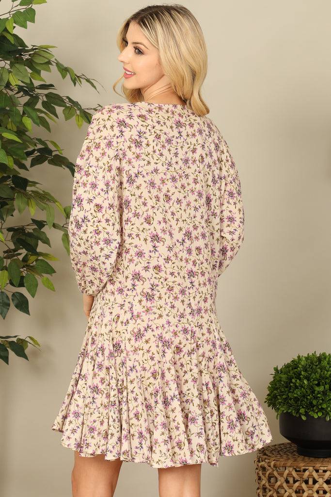 V-Neck Puff Long Sleeve Floral Mini Dress - Riah Fashion