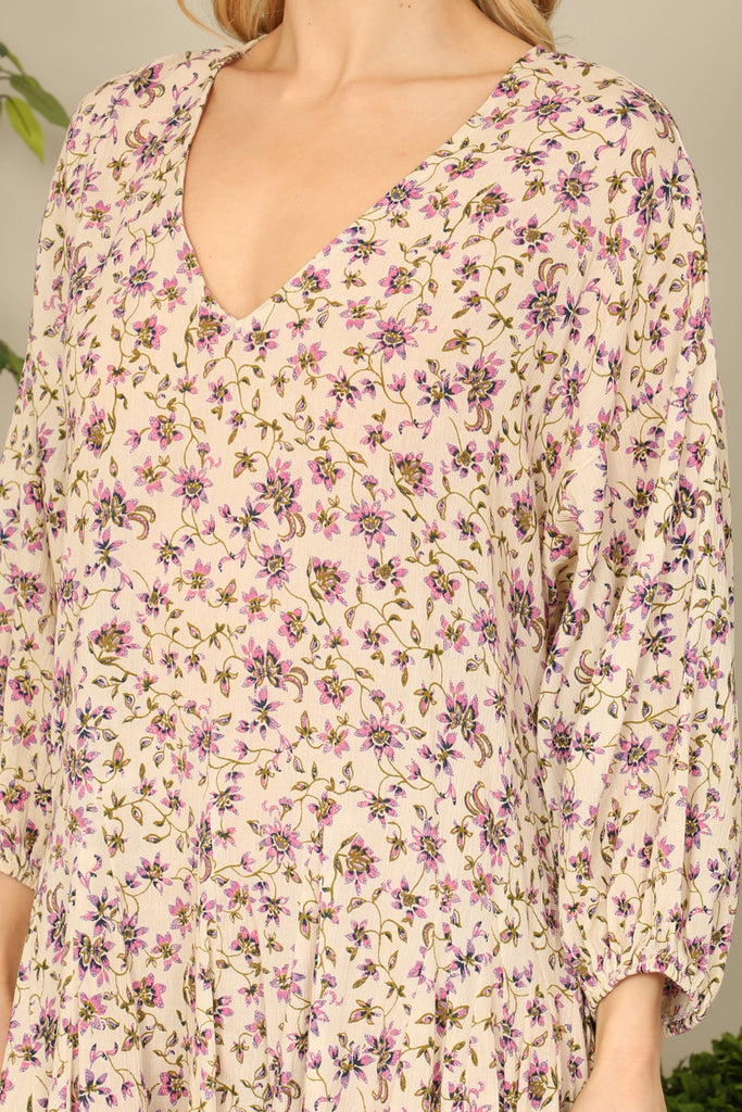 V-Neck Puff Long Sleeve Floral Mini Dress - Riah Fashion