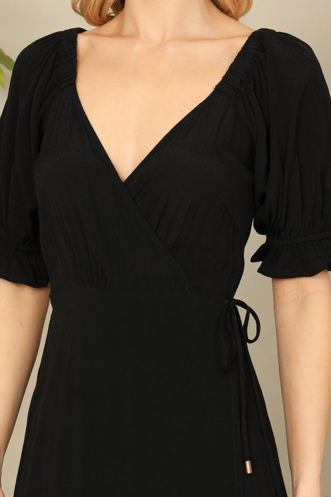 Wrap Puff Sleeve Side Slit Solid Midi Dress