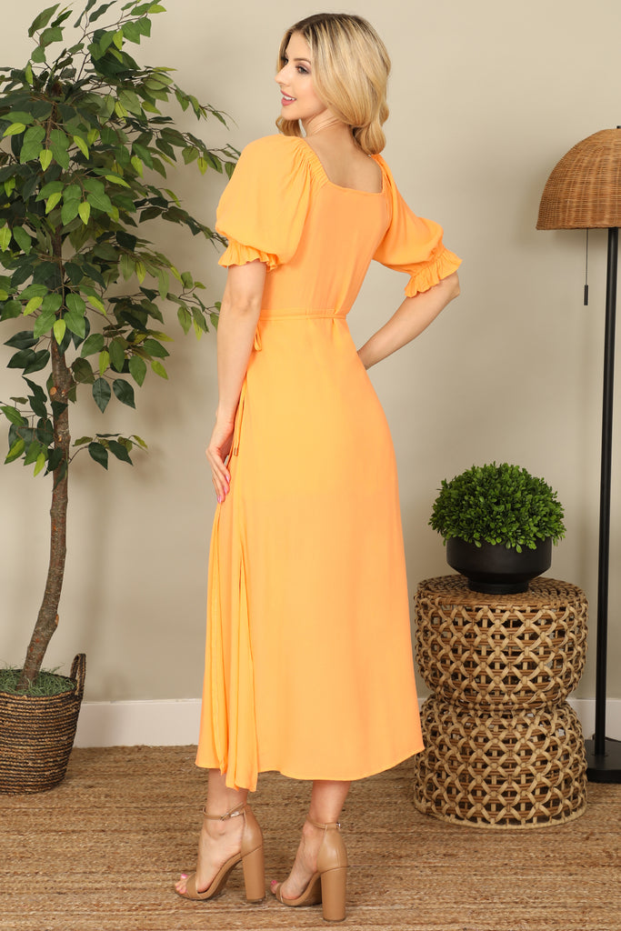 Wrap Puff Sleeve Side Slit Solid Midi Dress