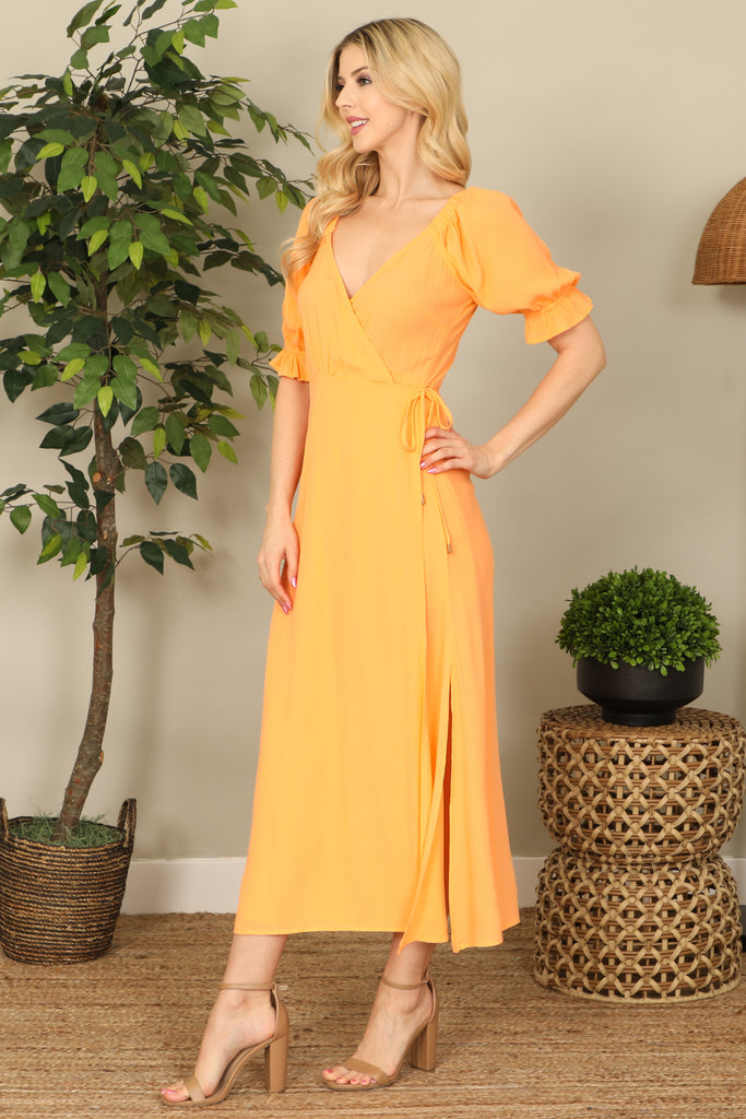 Wrap Puff Sleeve Side Slit Solid Midi Dress