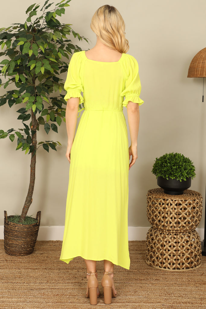 Wrap Puff Sleeve Side Slit Solid Midi Dress